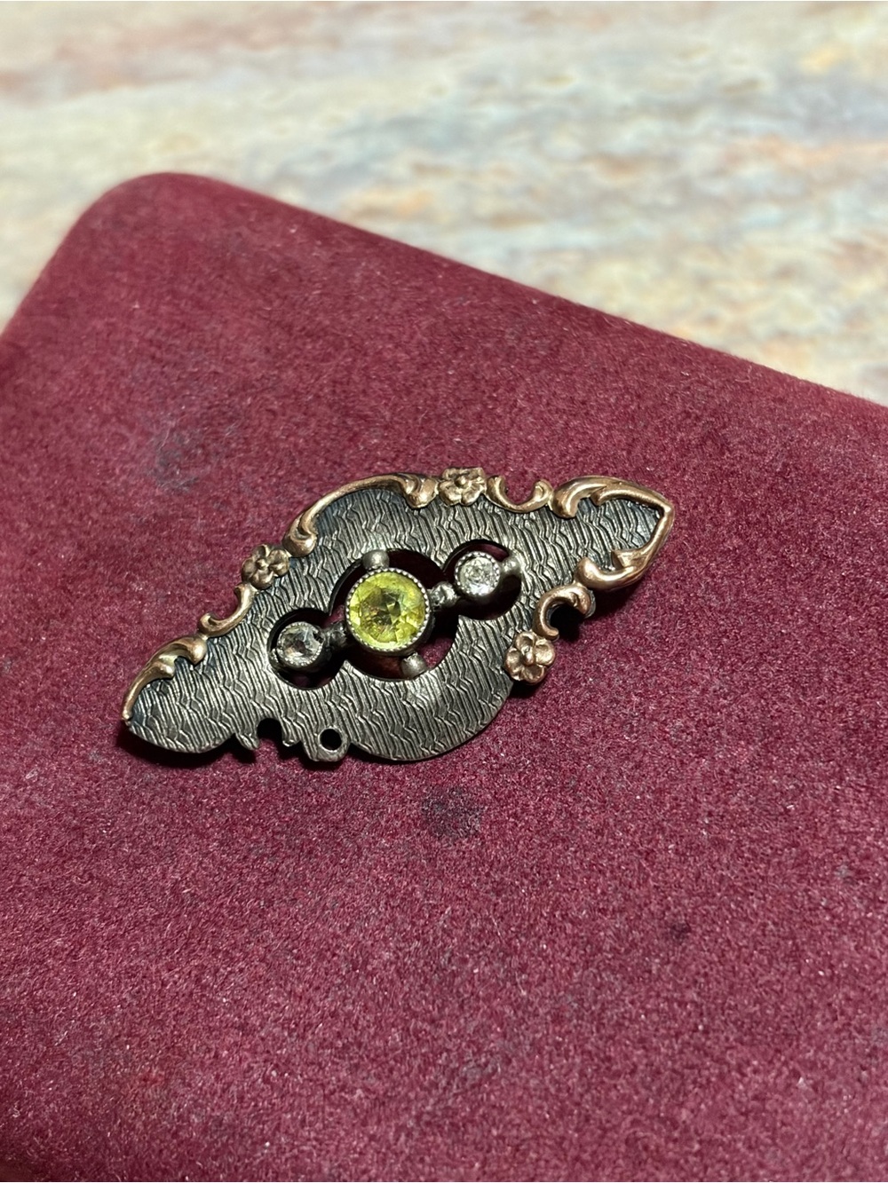 Antique 9K And Sterling Pin With Paste Stones (FLAW PLEASE READ)